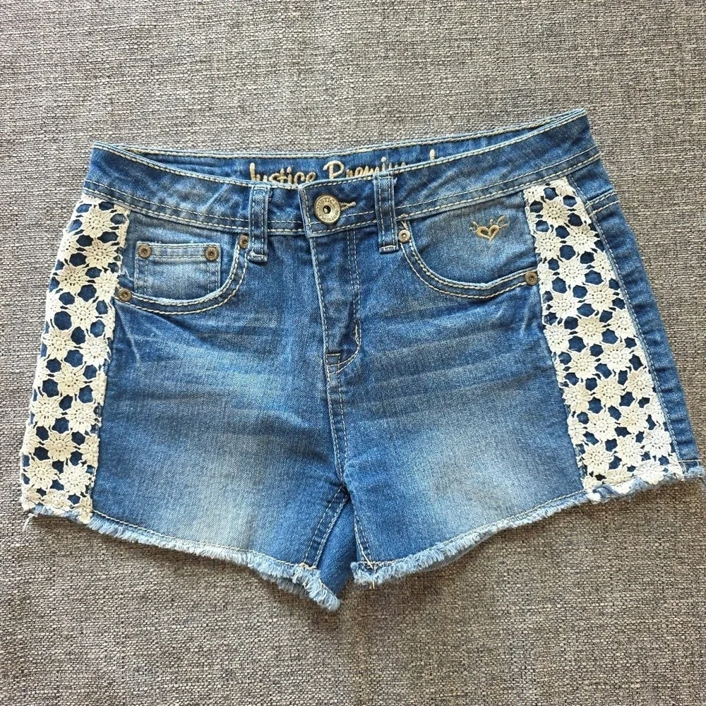 Justice Girl's Blue Jean Shorts Size 14 R White Lace Accents